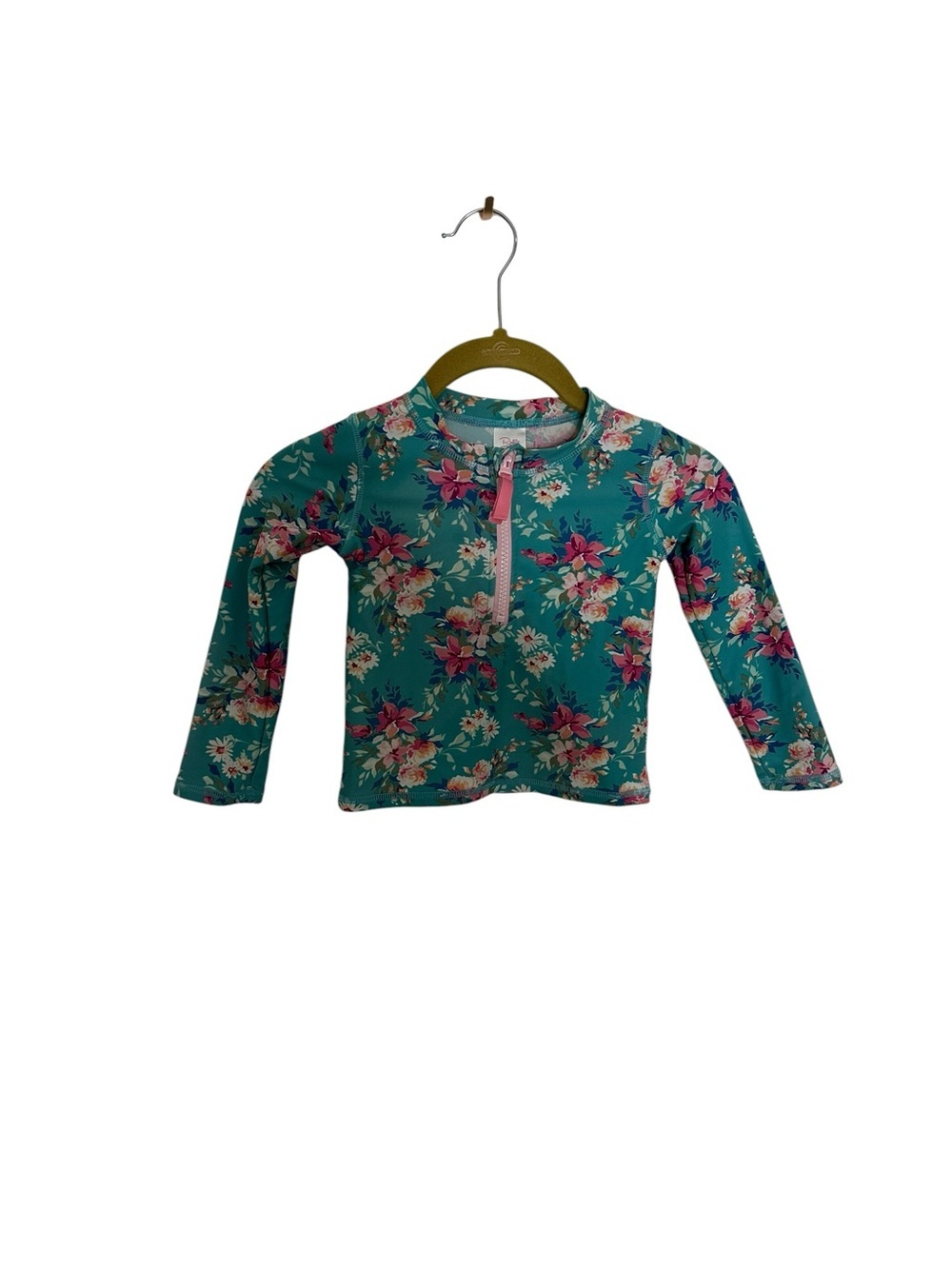 Ruffle Butts  Floral Long-Sleeve Swim Shirt - Teal and Pink 3T